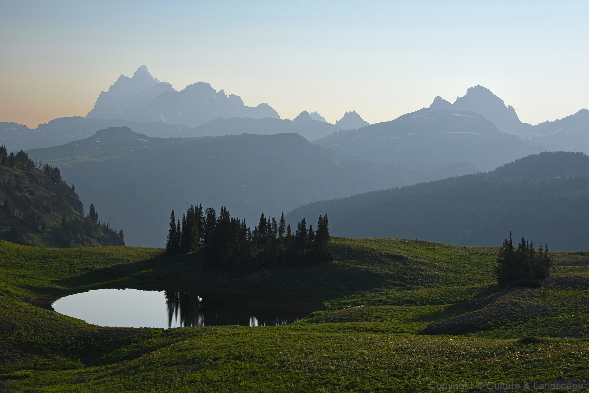 Misty Tetons near sunrise